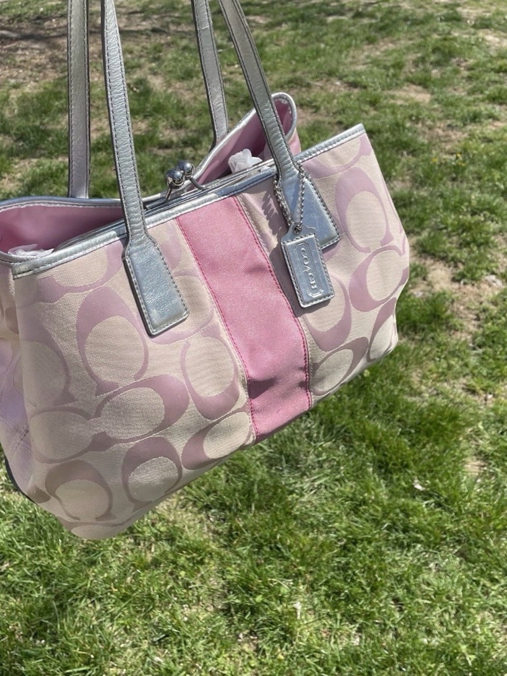 Coach Pink Signature Canvas Shoulder Tote with Silver Trim